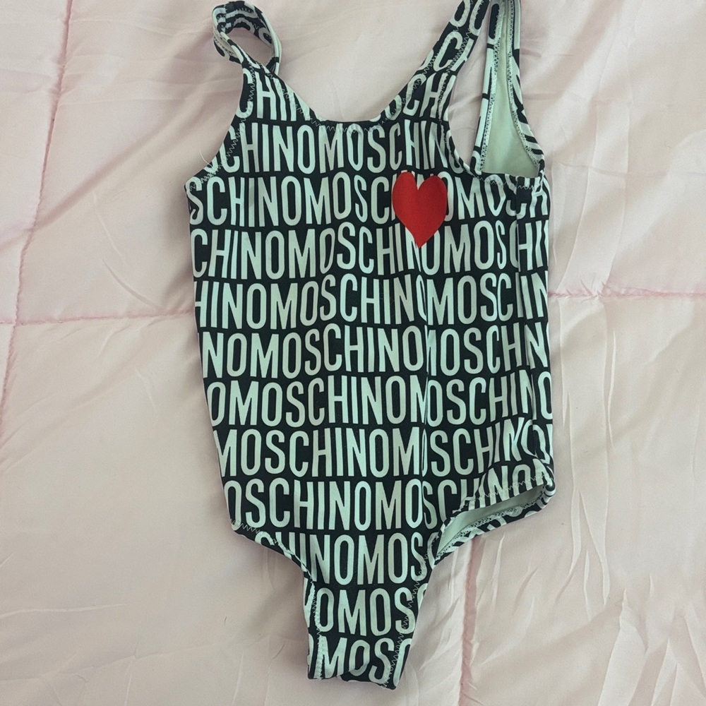 Moschino Black and White Logo One-Piece with Red Heart
